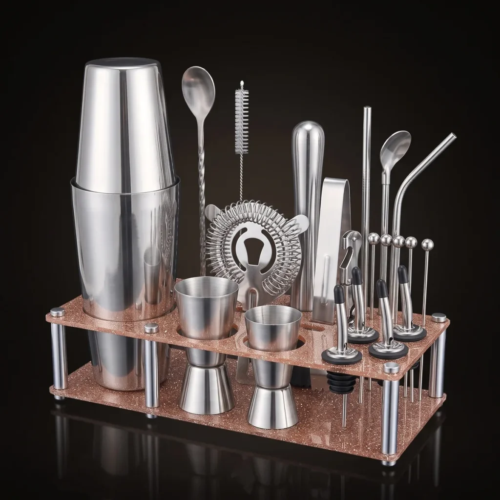 Cocktail kit 22 pieces, display stand, Boston, three-quarter view