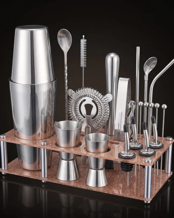 Cocktail kit 22 pieces, display stand, Boston, three-quarter view