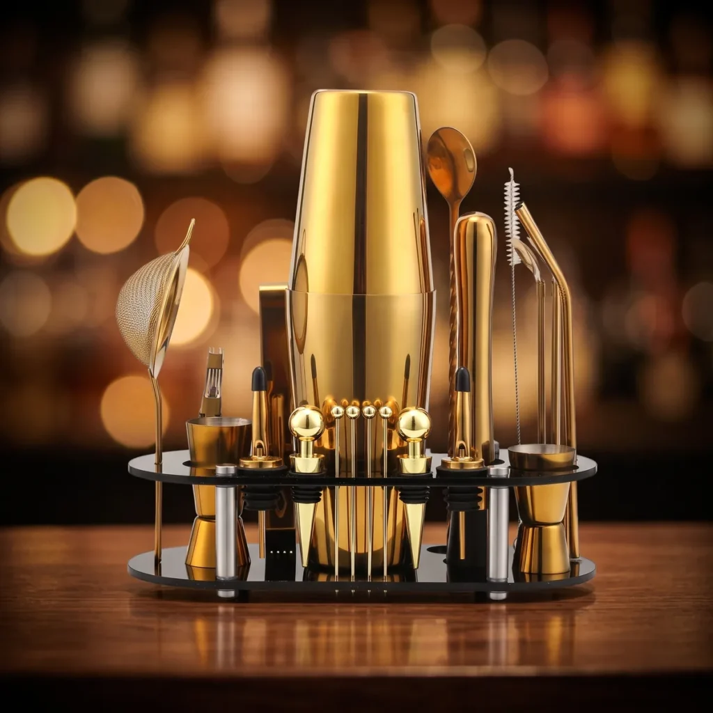 Cocktail kit 23 pieces, gold, Boston, on a bar counter