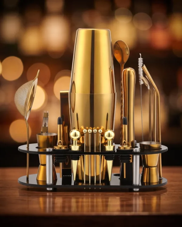 Cocktail kit 23 pieces, gold, Boston, on a bar counter