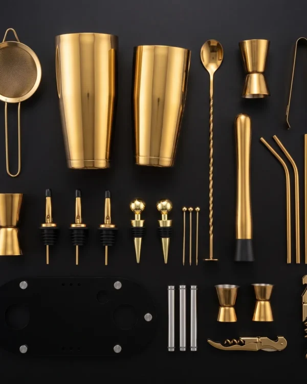Cocktail kit 23 pieces, gold, Boston, top view