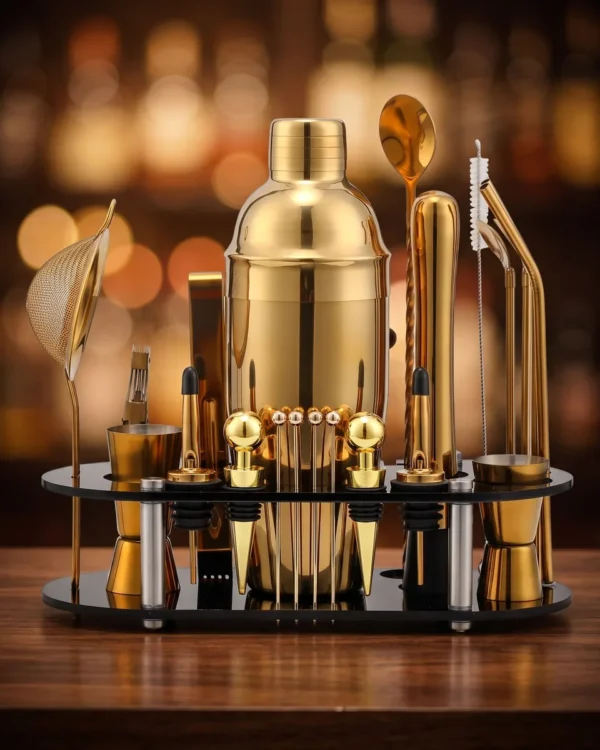 Cocktail kit 23 pieces, gold, 750 ml shaker, on a bar counter