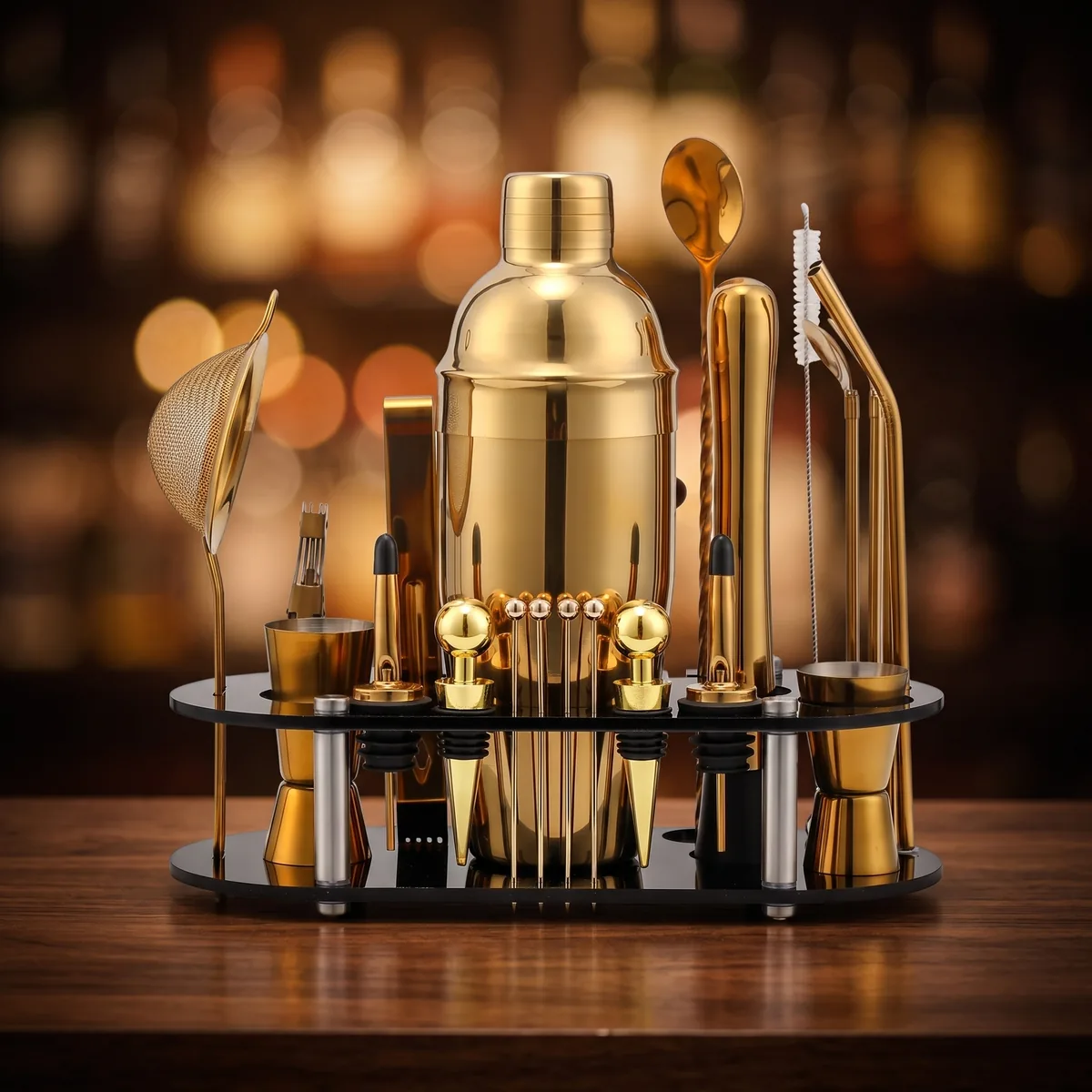 Cocktail kit 23 pieces, gold, 750 ml shaker, on a bar counter