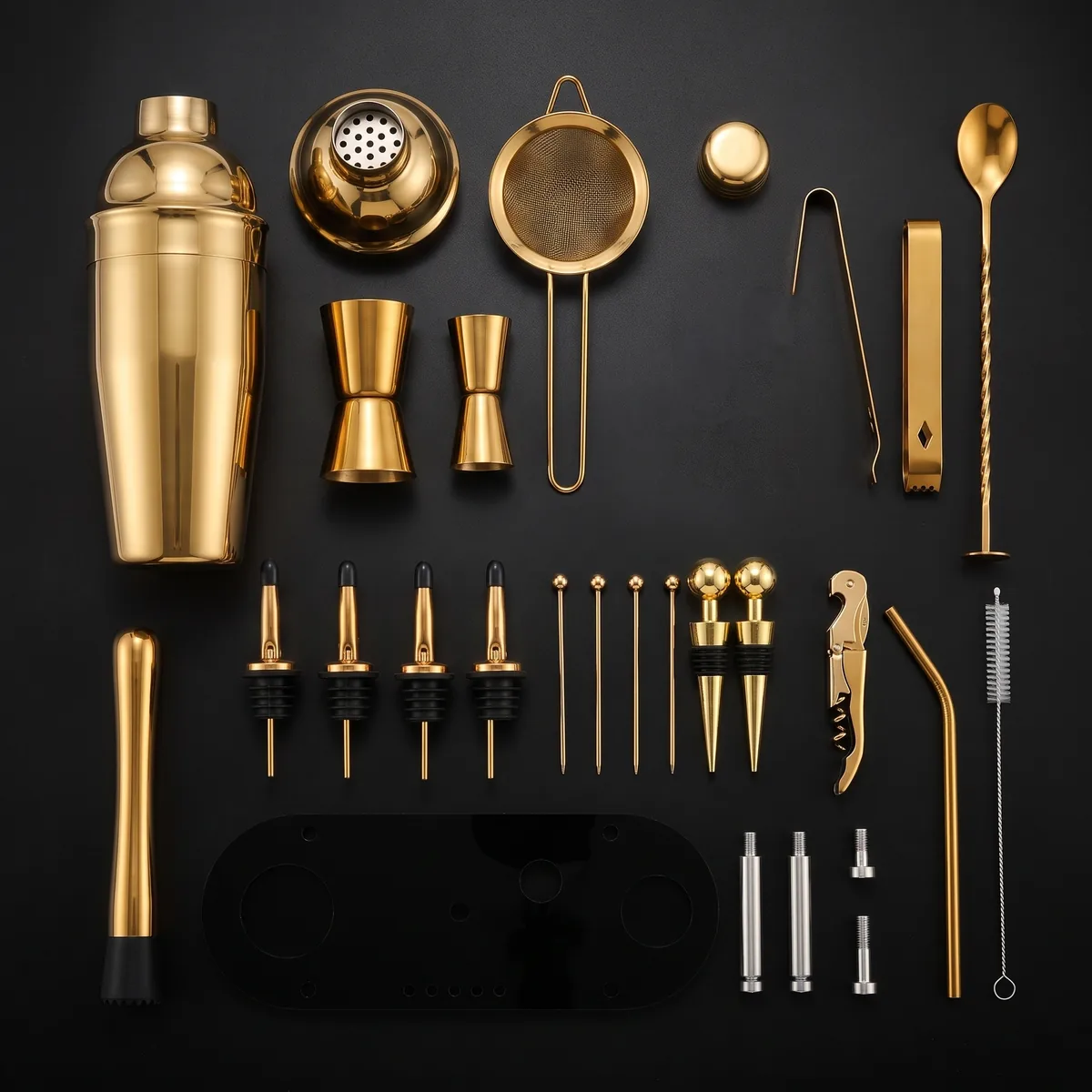 Cocktail kit 23 pieces, gold, 750 ml shaker, top view