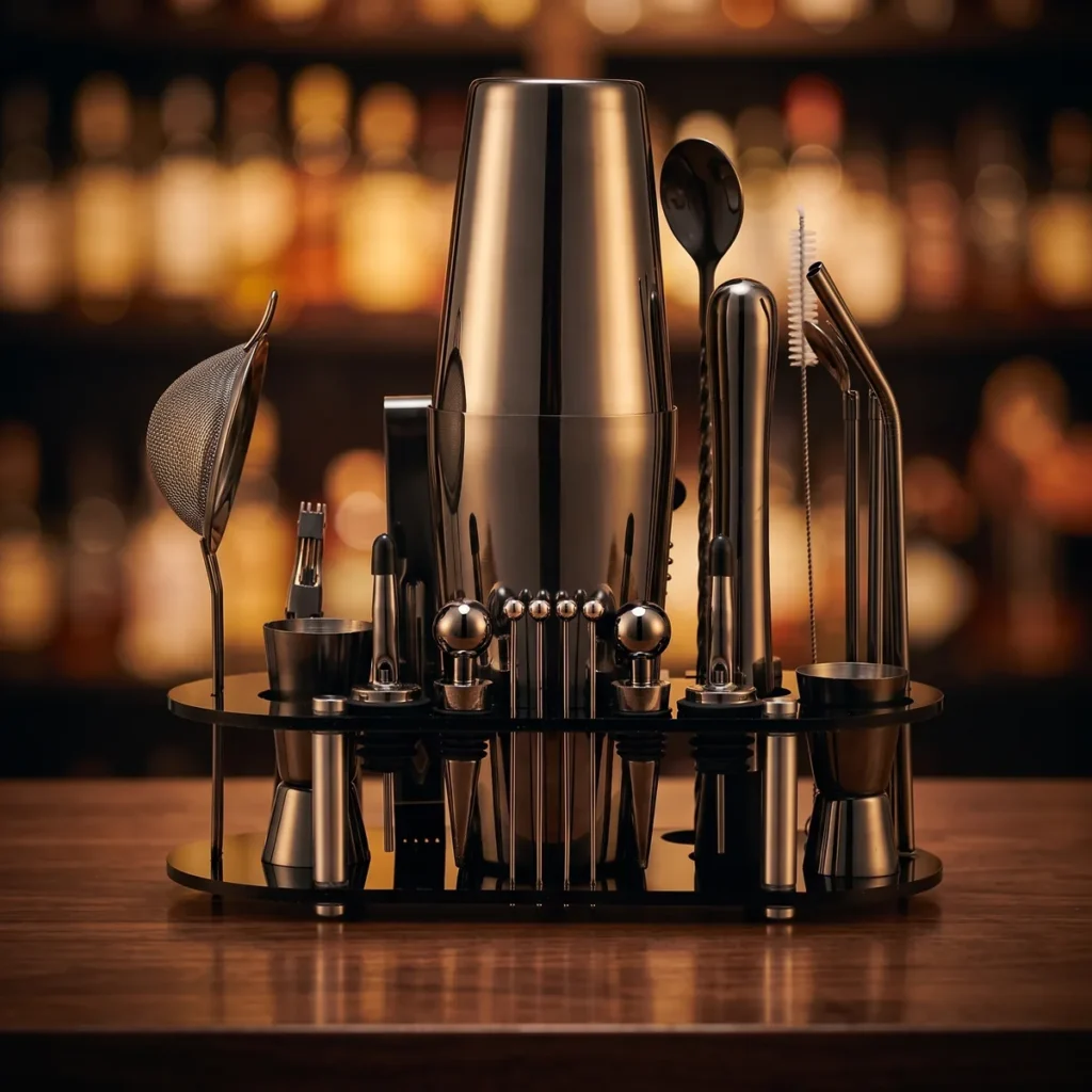Cocktail kit 23 pieces, black, Boston, on a bar counter