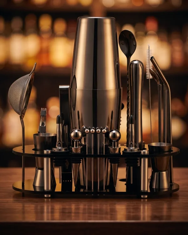 Cocktail kit 23 pieces, black, Boston, on a bar counter