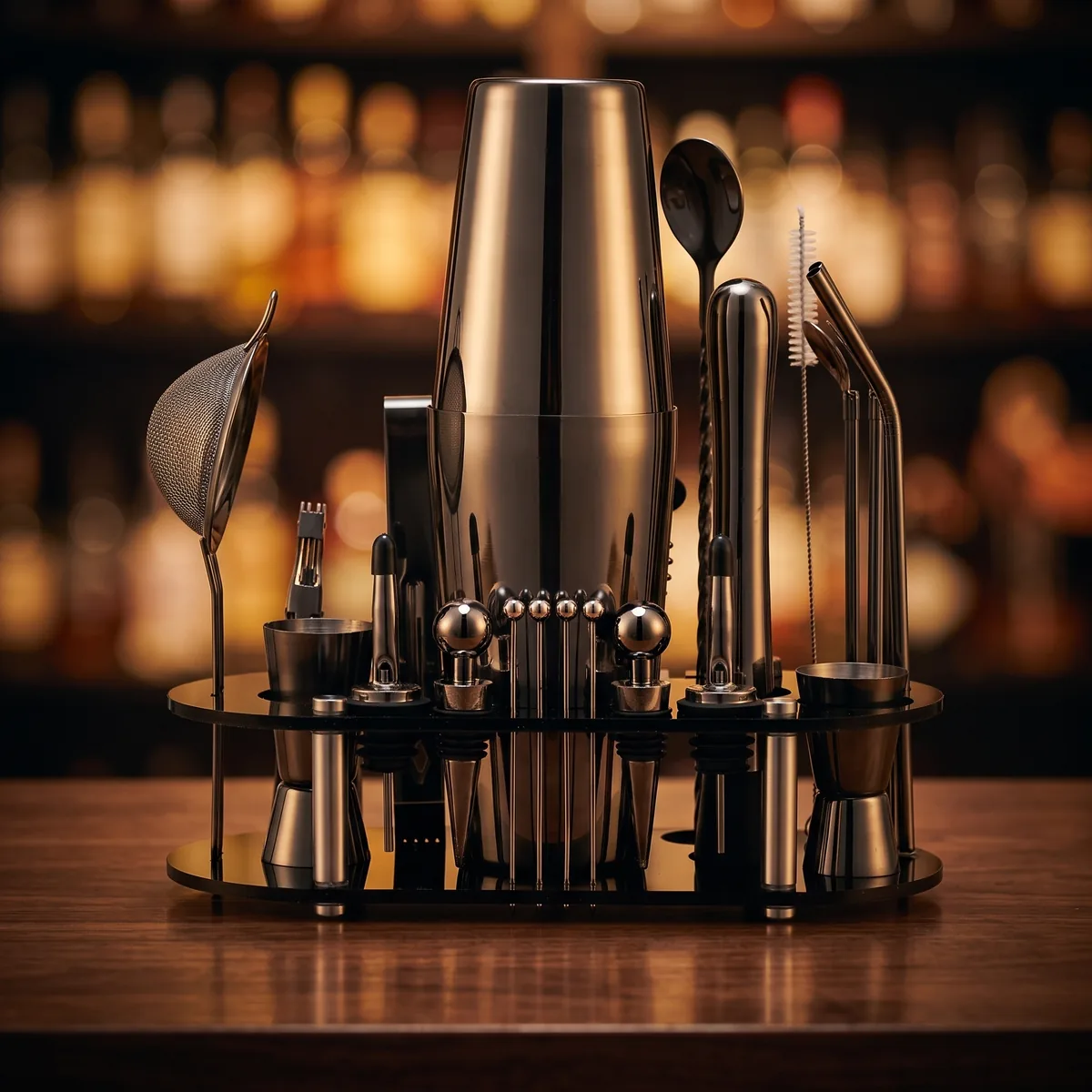 Cocktail kit 23 pieces, black, Boston, on a bar counter