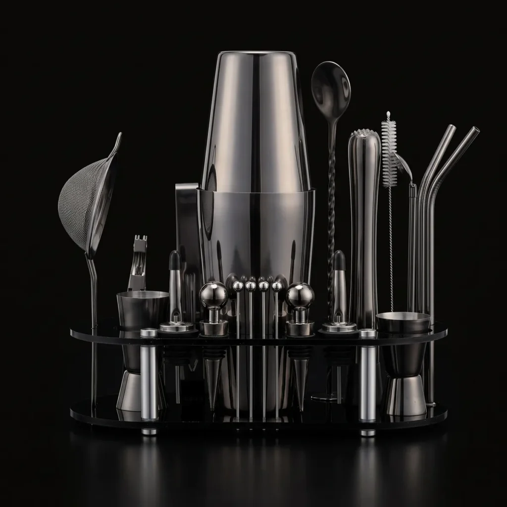 Cocktail kit 23 pieces, black, Boston, front view
