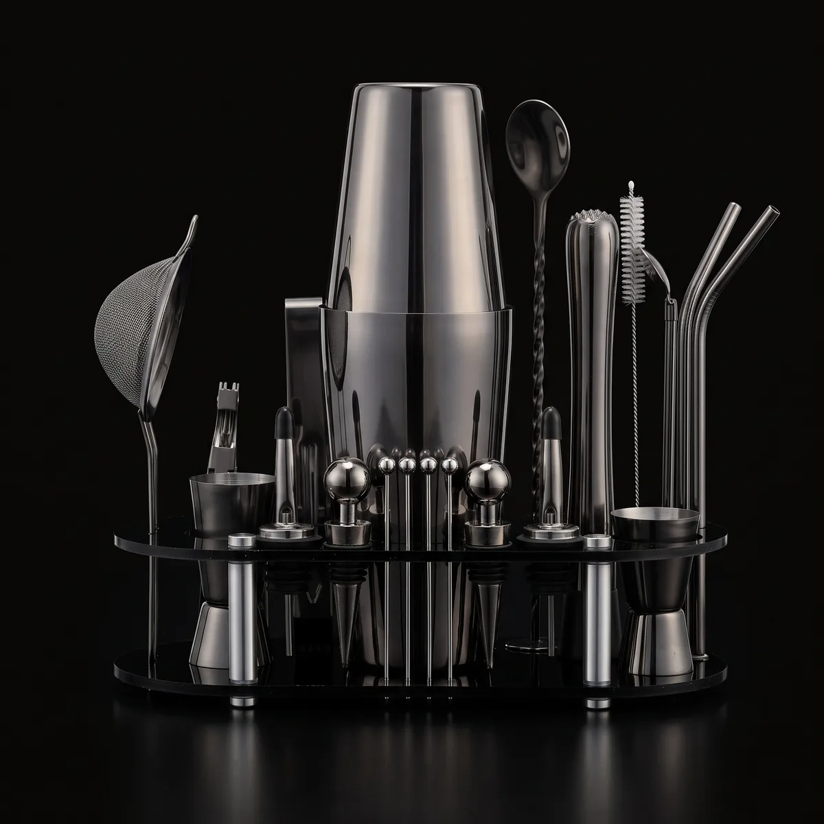 Cocktail kit 23 pieces, black, Boston, front view