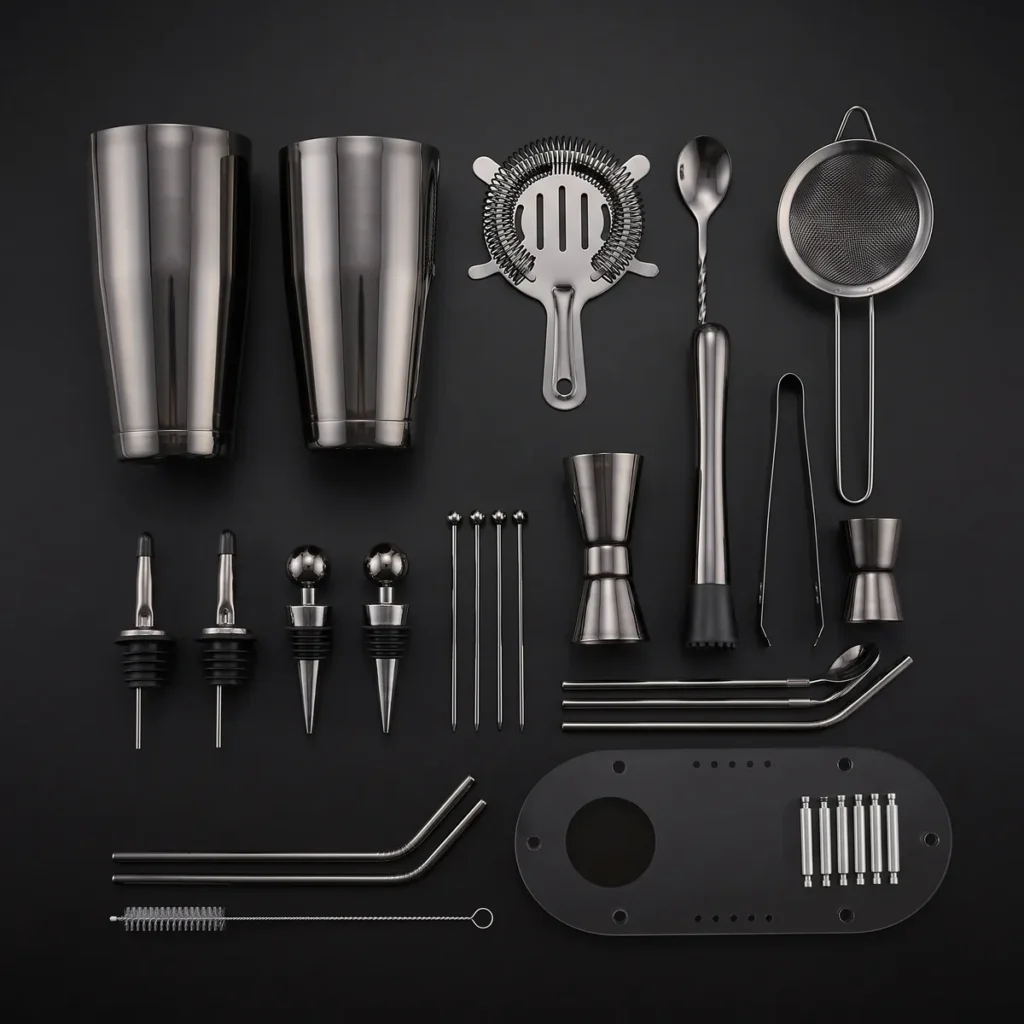 Cocktail kit 23 pieces, black, Boston, top view