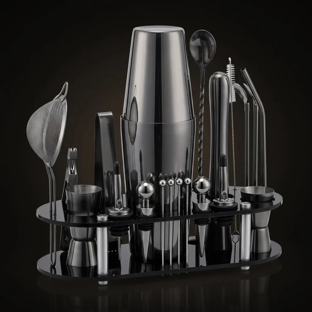 Cocktail kit 23 pieces, black, Boston, three-quarter view