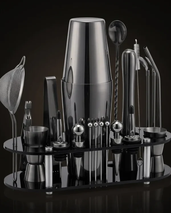 Cocktail kit 23 pieces, black, Boston, three-quarter view