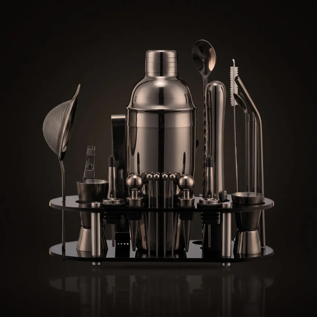 Cocktail kit 23 pieces, black, 750 ml shaker, front view