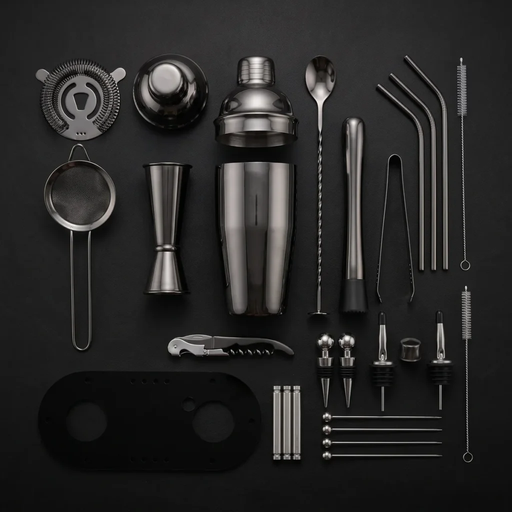 Cocktail kit 23 pieces, black, 750 ml shaker, top view