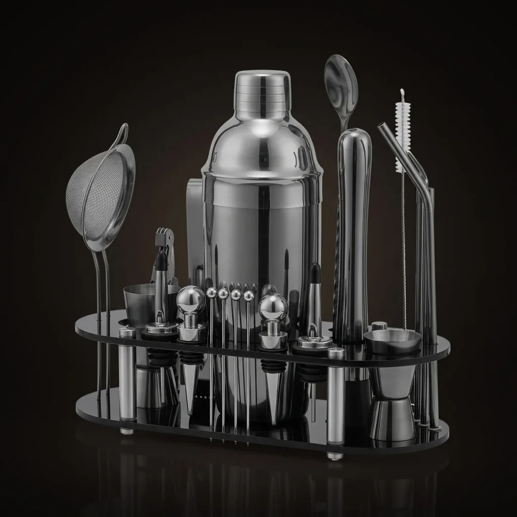 Cocktail kit 23 pieces, black, 750 ml shaker, three-quarter view