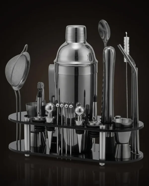 Cocktail kit 23 pieces, black, 750 ml shaker, three-quarter view