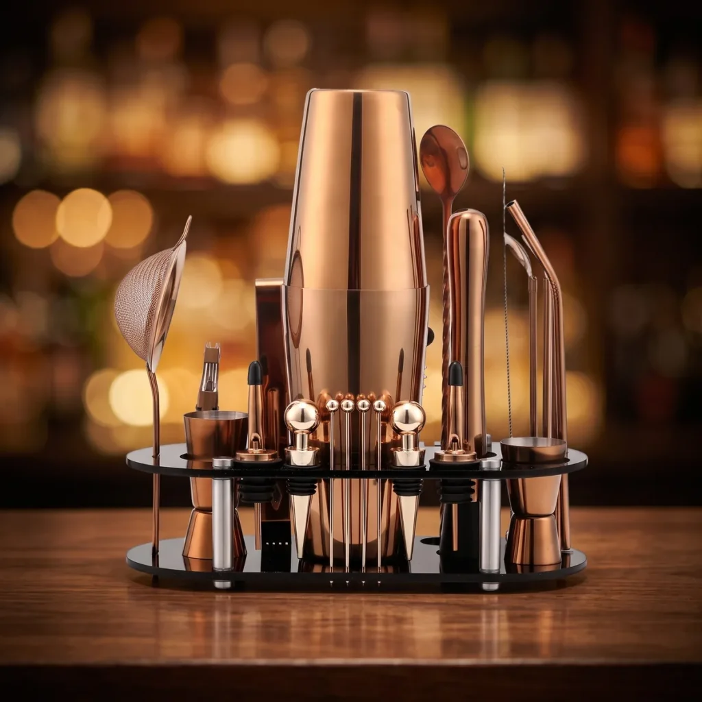 Cocktail kit 23 pieces, rose gold, Boston, on a bar counter
