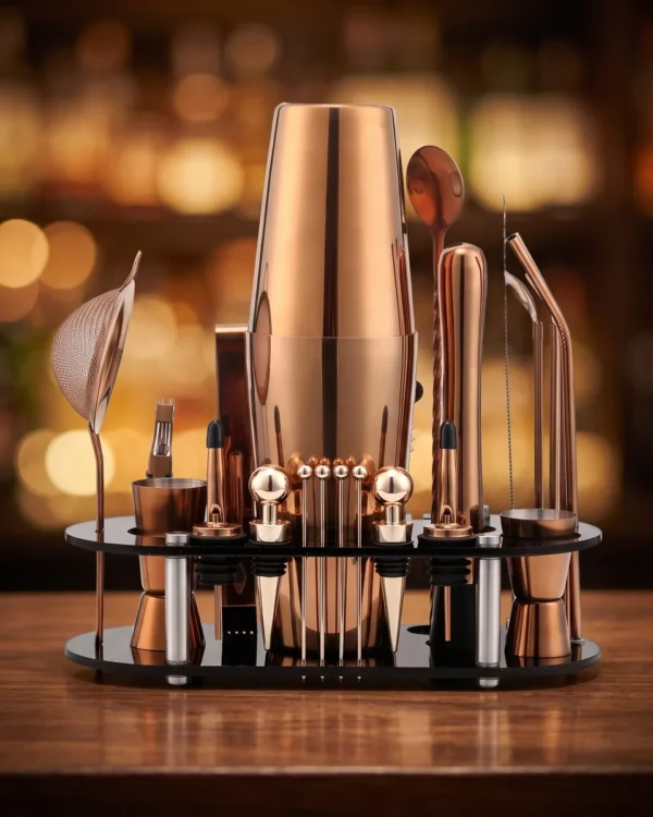 Cocktail kit 23 pieces, rose gold, Boston, on a bar counter
