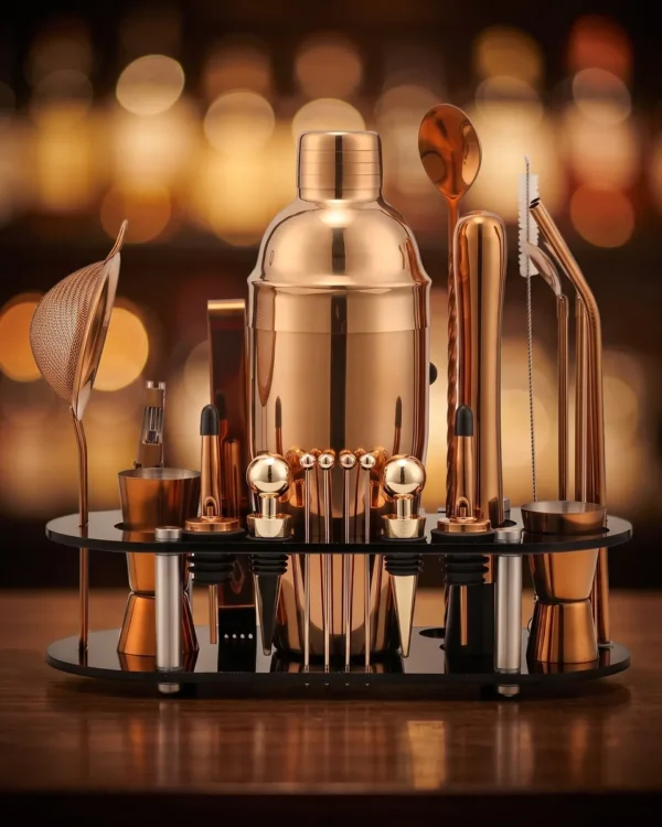 Cocktail kit 23 pieces, rose gold, 750 ml shaker, on a bar counter