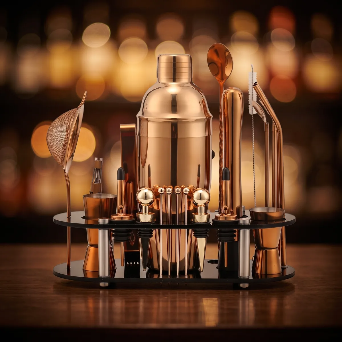 Cocktail kit 23 pieces, rose gold, 750 ml shaker, on a bar counter