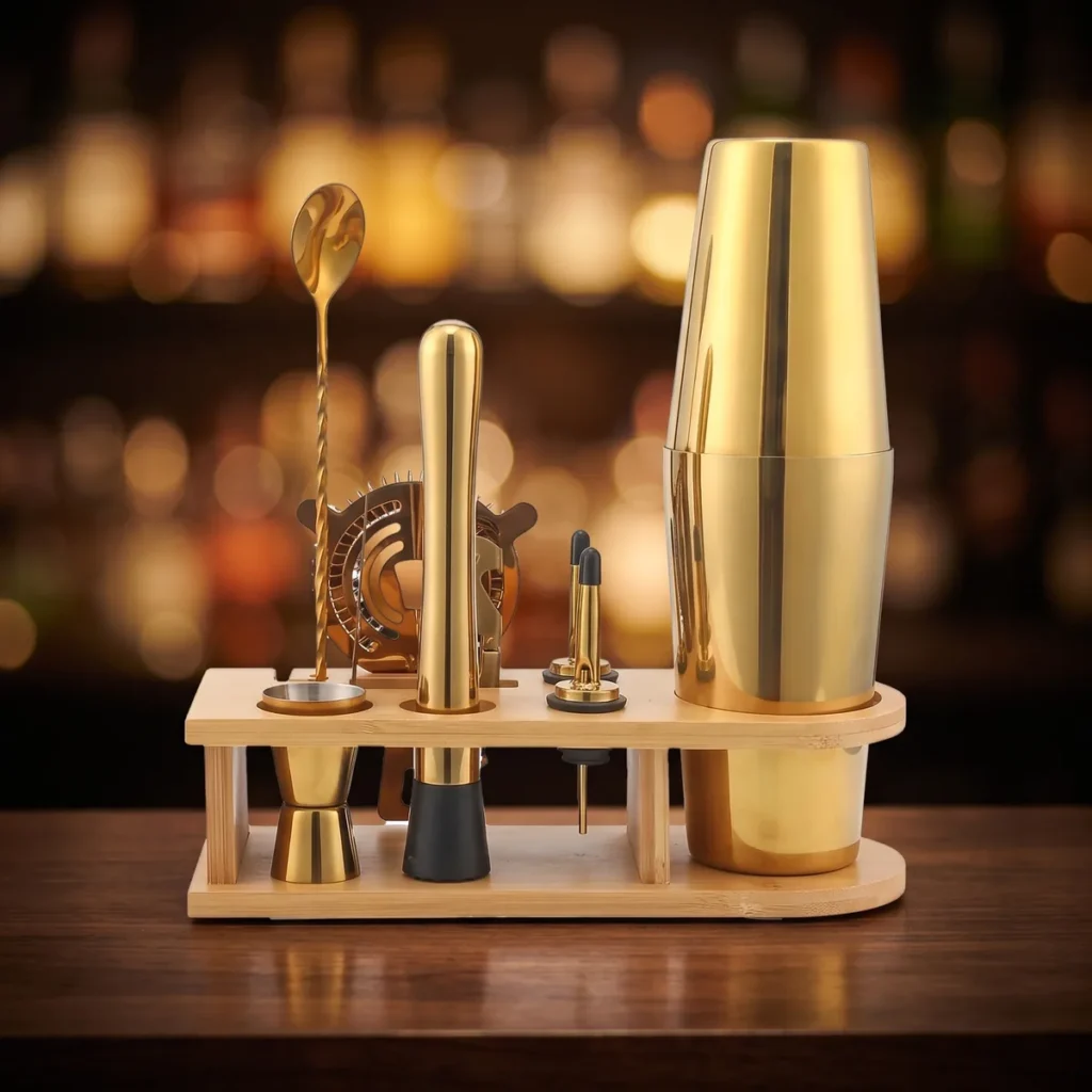 Gold cocktail kit 10 pieces, Boston, on a bar counter