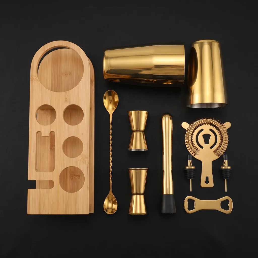Gold cocktail kit 10 pieces, Boston, top view