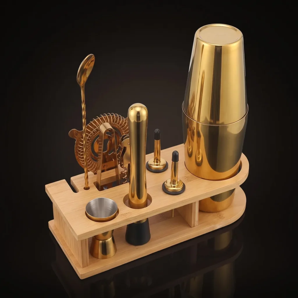 Gold cocktail kit 10 pieces, Boston, three-quarter view