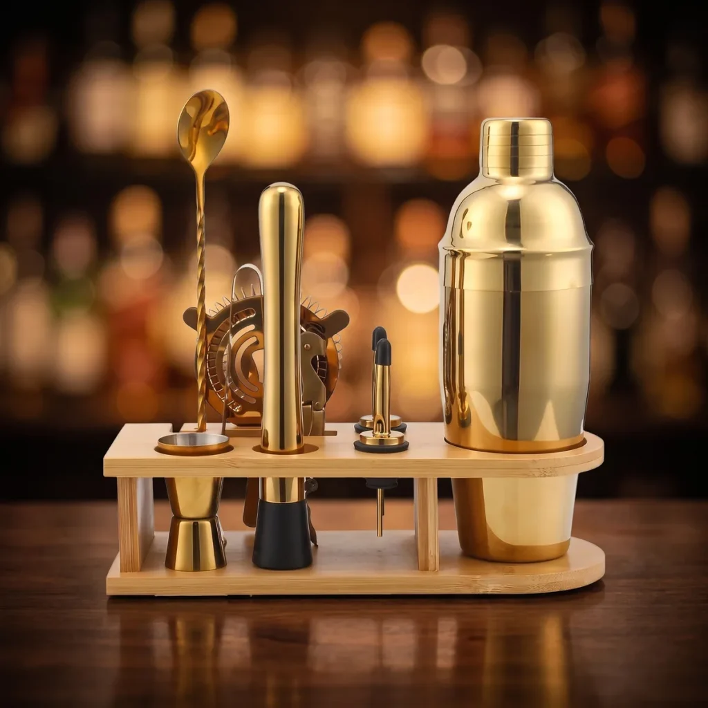 Gold cocktail kit 10 pieces, 750 ml shaker, on a bar counter