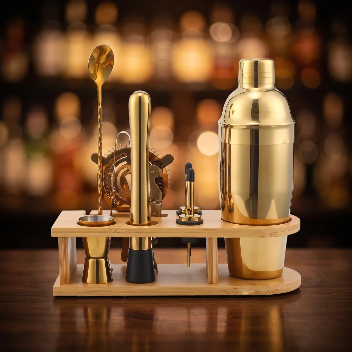 Gold cocktail kit 10 pieces, 750 ml shaker, on a bar counter