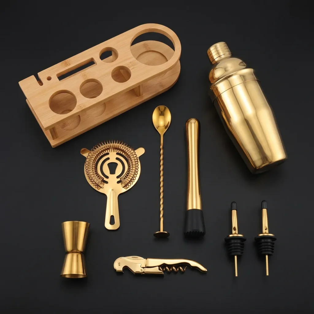 Gold cocktail kit 10 pieces, 750 ml shaker, top view