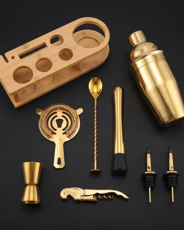 Gold cocktail kit 10 pieces, 750 ml shaker, top view