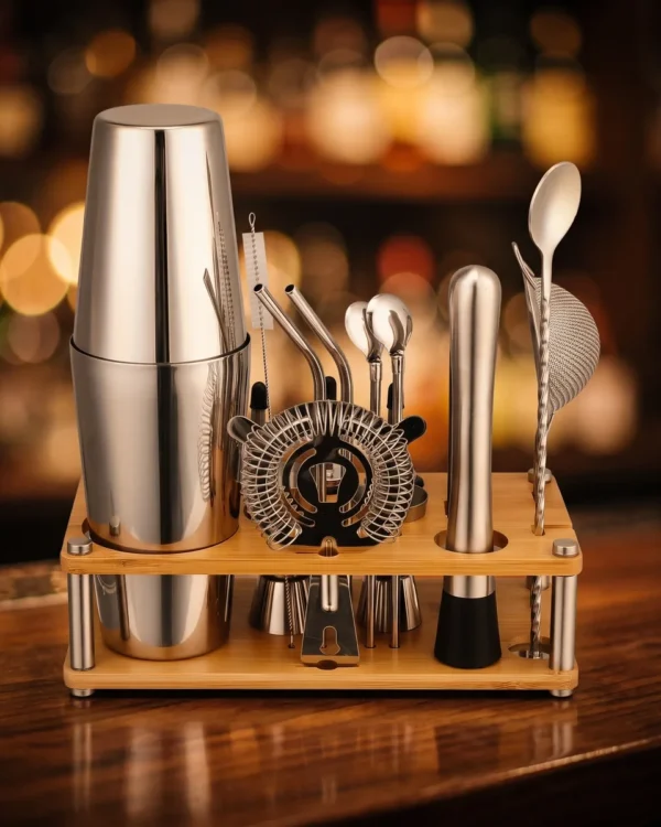 Cocktail kit with bamboo stand, Boston, on a bar counter