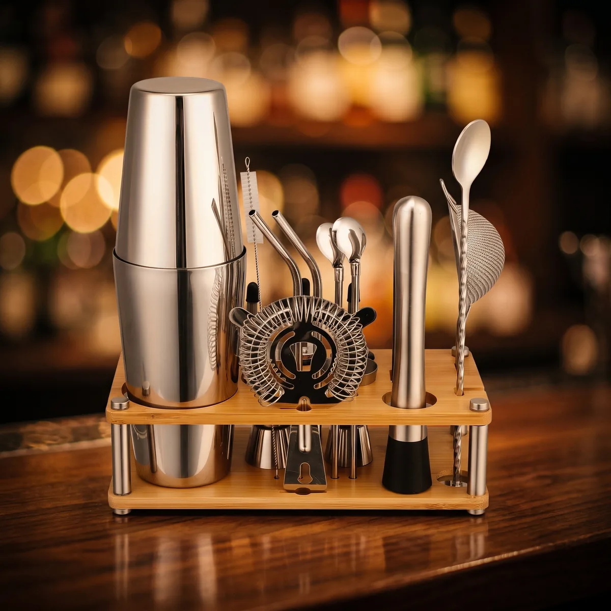 Cocktail kit with bamboo stand, Boston, on a bar counter