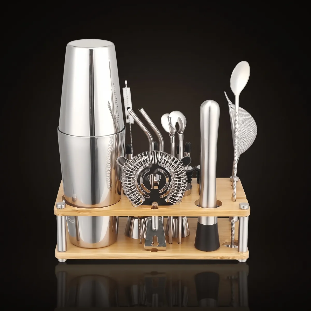 Cocktail kit with bamboo stand, Boston, front view