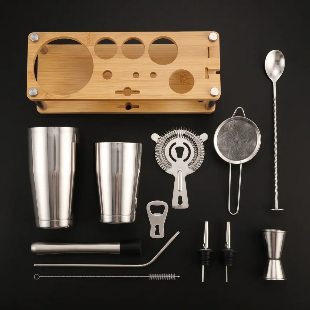 Cocktail kit with bamboo stand, Boston, top view