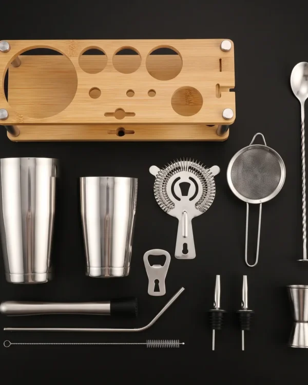 Cocktail kit with bamboo stand, Boston, top view