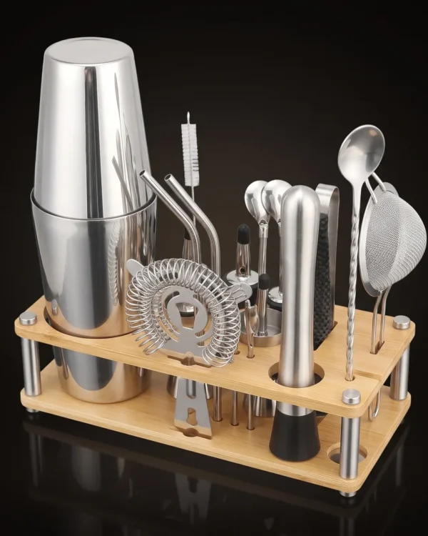 Cocktail kit with bamboo stand, Boston, three-quarter view