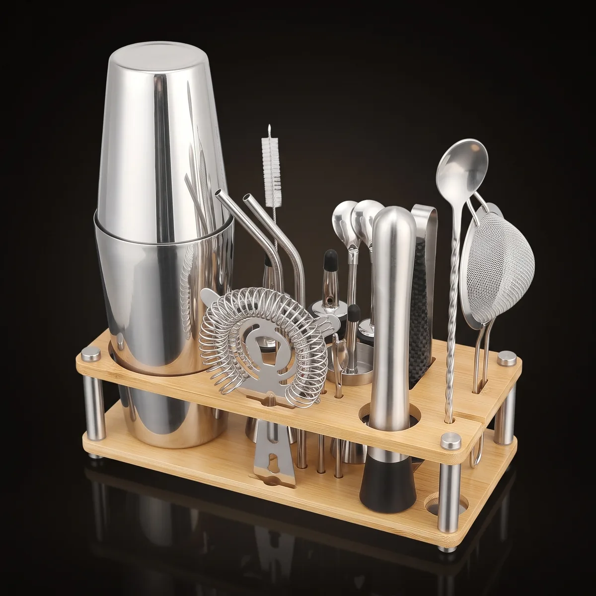 Cocktail kit with bamboo stand, Boston, three-quarter view