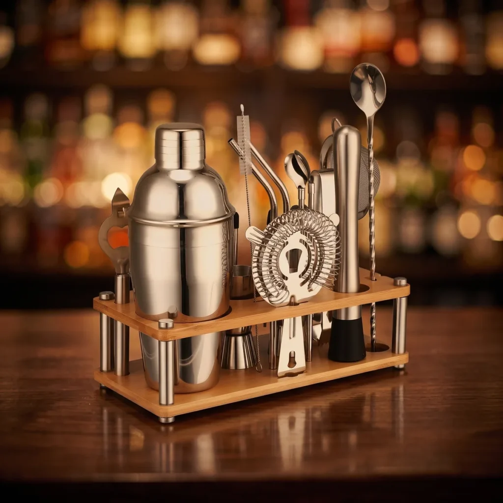 Cocktail kit with bamboo stand, 550 ml shaker, on a bar counter