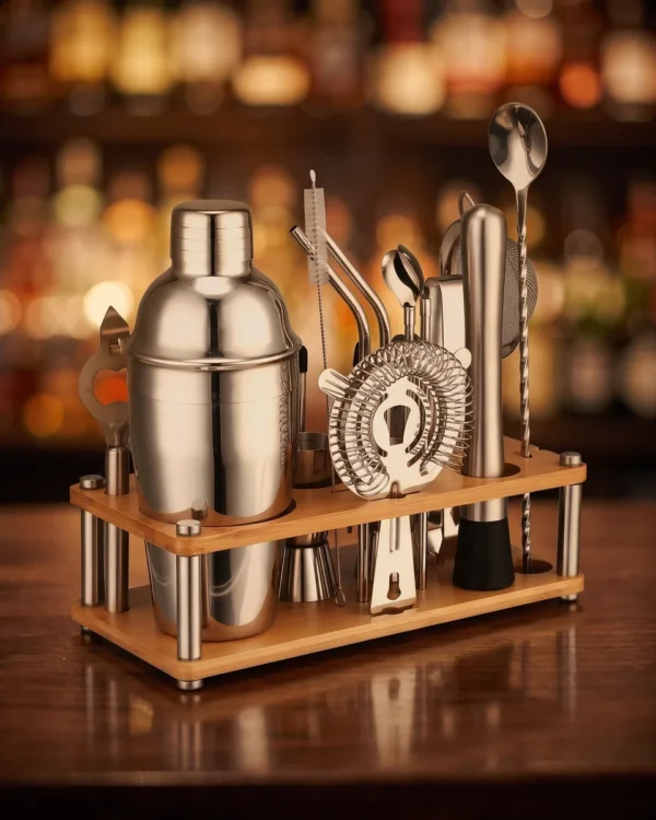 Cocktail kit with bamboo stand, 550 ml shaker, on a bar counter