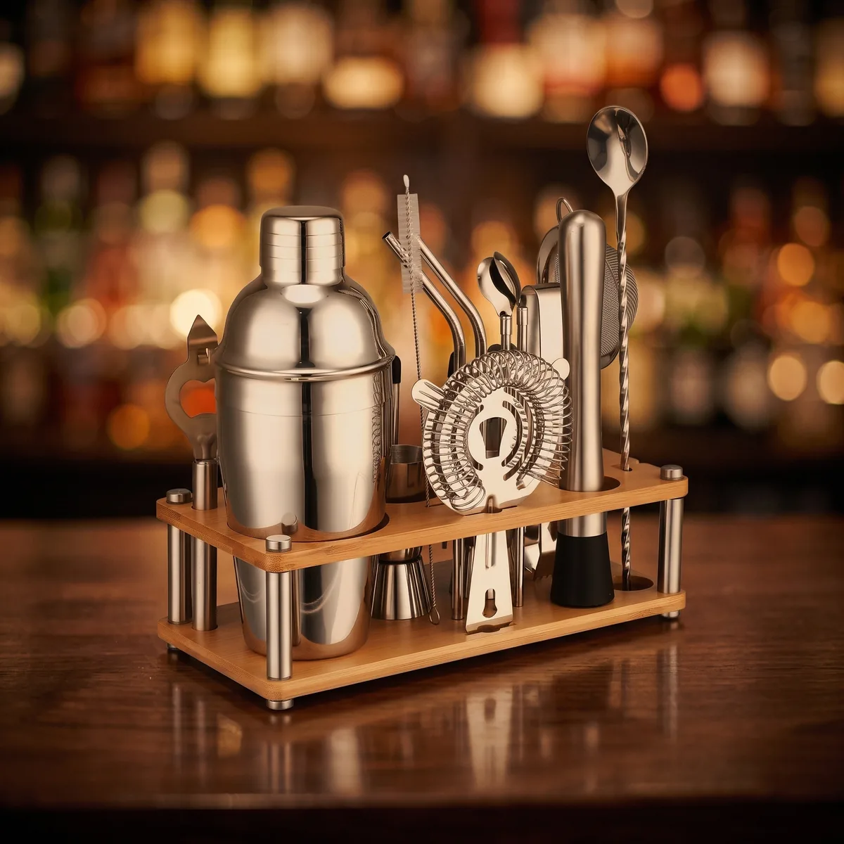 Cocktail kit with bamboo stand, 550 ml shaker, on a bar counter