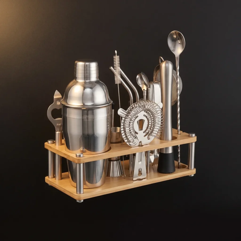 Cocktail kit with bamboo stand, 550 ml shaker, top view