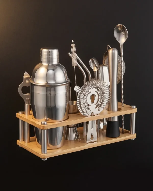 Cocktail kit with bamboo stand, 550 ml shaker, top view