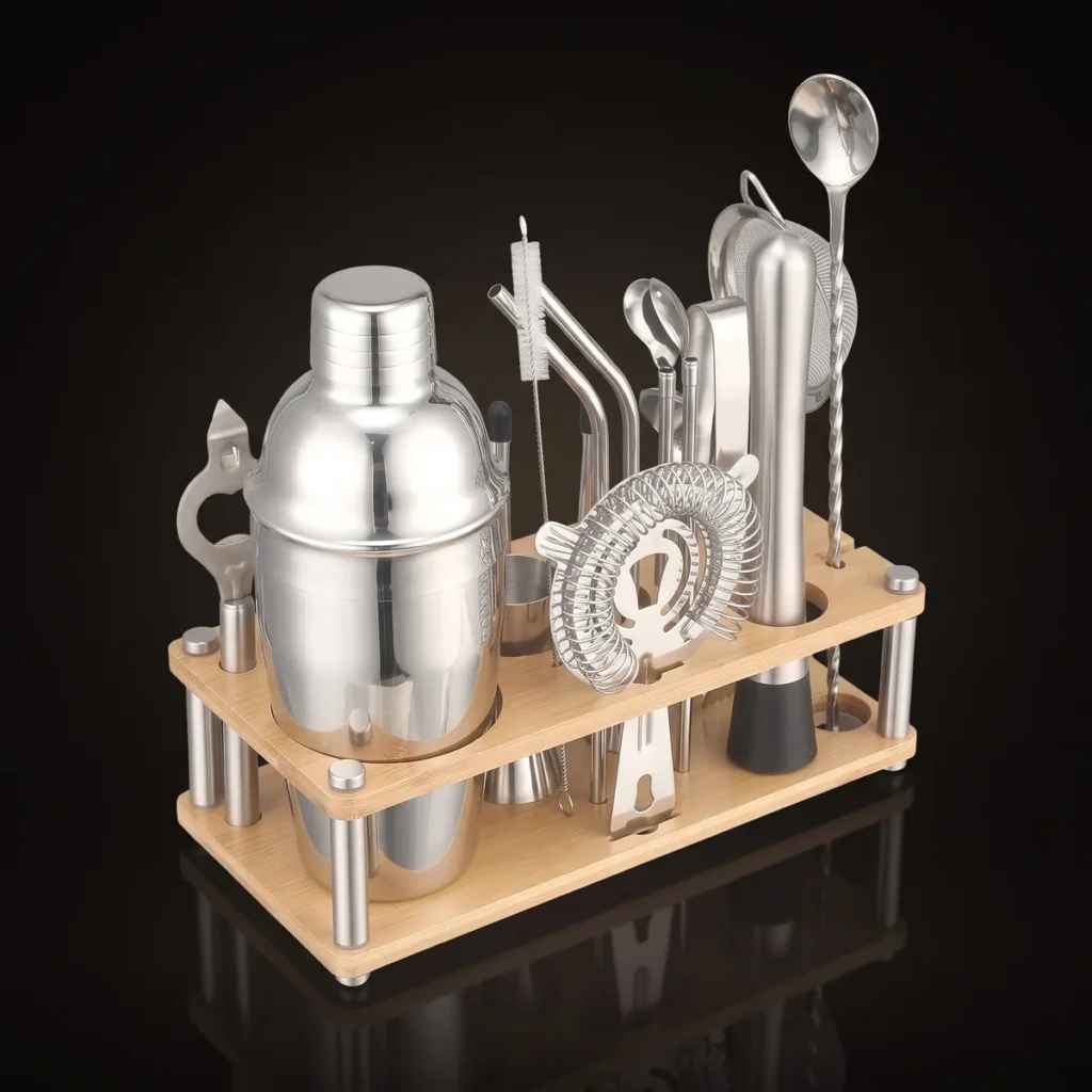 Cocktail kit with bamboo stand, 550 ml shaker, three-quarter view