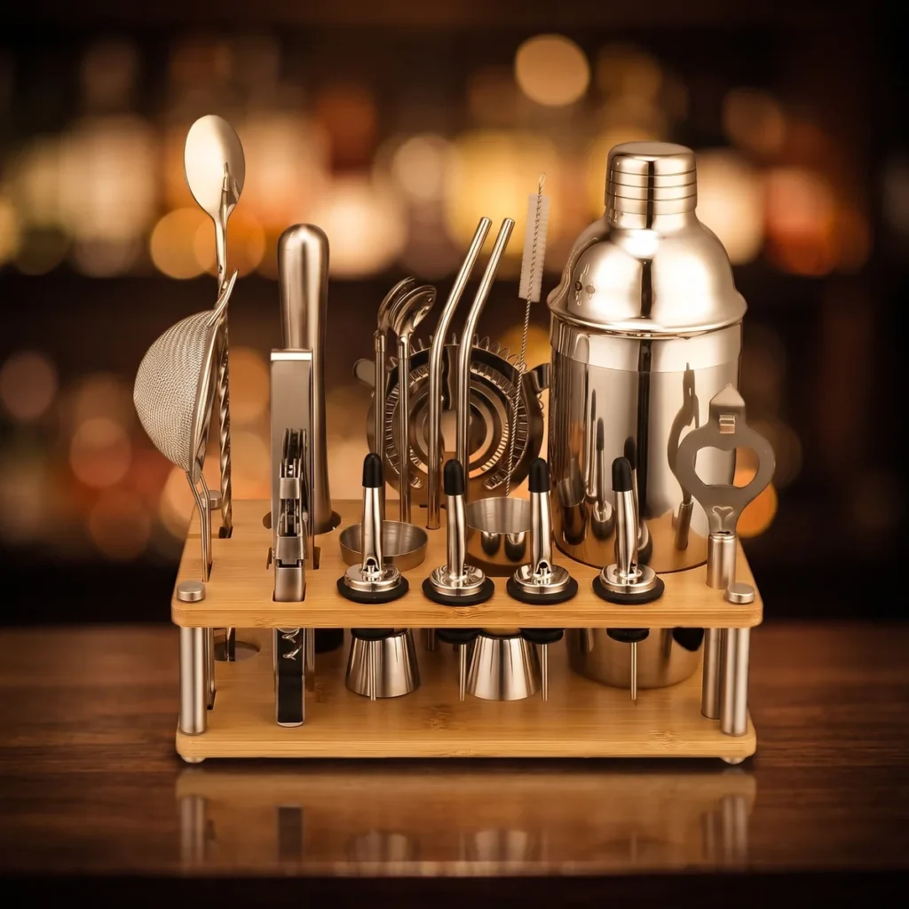 Cocktail kit with bamboo stand, 750 ml shaker, on a bar counter