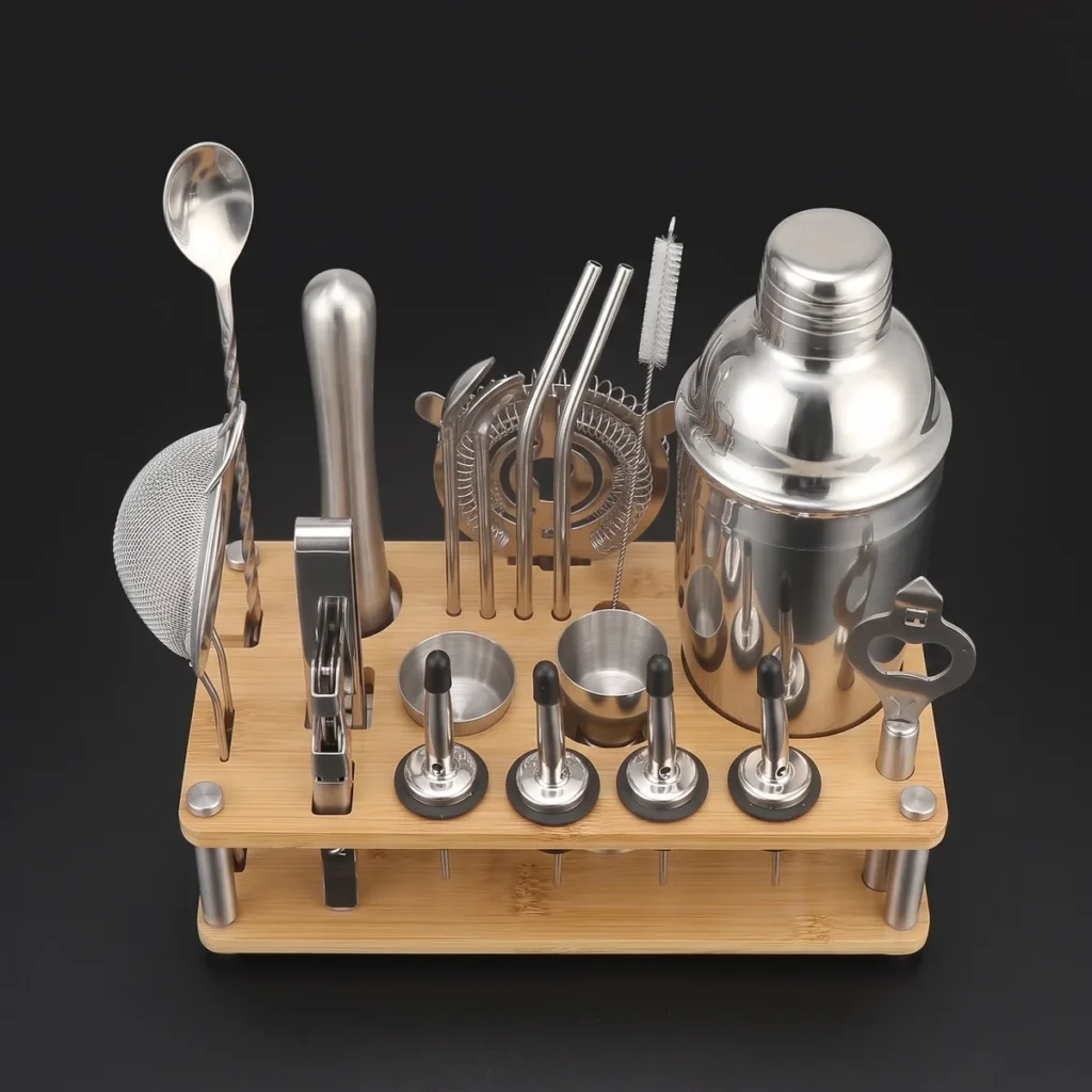 Cocktail kit with bamboo stand, 750 ml shaker, top view