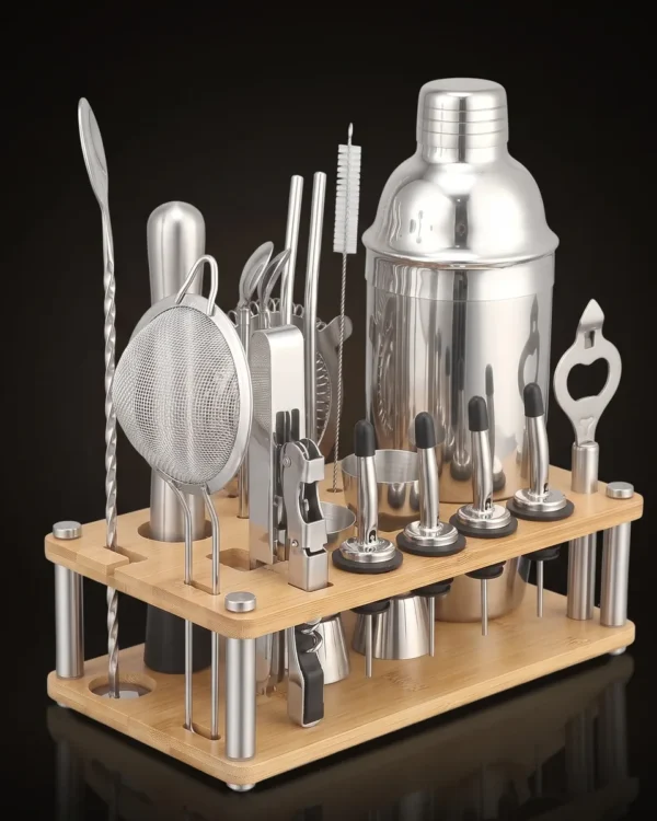 Cocktail kit with bamboo stand, 750 ml shaker, three-quarter view