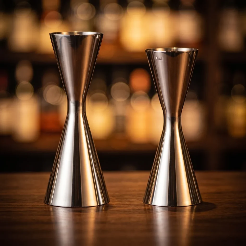 Set of 2 Japanese jiggers 30/60 and 30/45 ml, on a bar counter