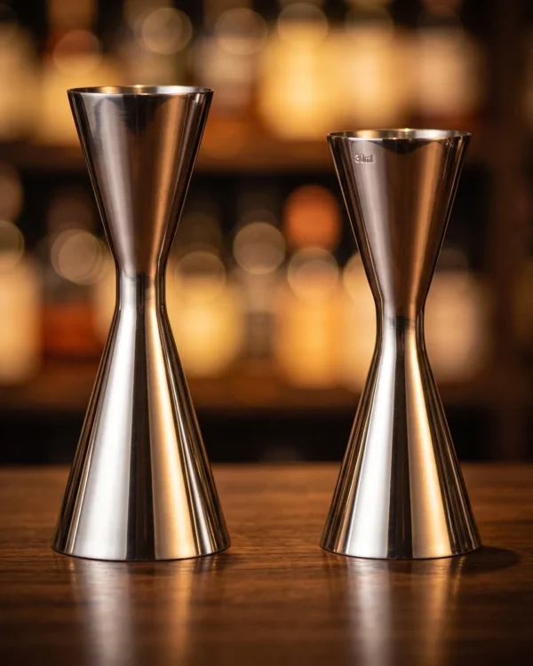 Set of 2 Japanese jiggers 30/60 and 30/45 ml, on a bar counter