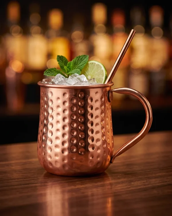 Hammered copper Moscow Mule mug with straw, on a bar counter